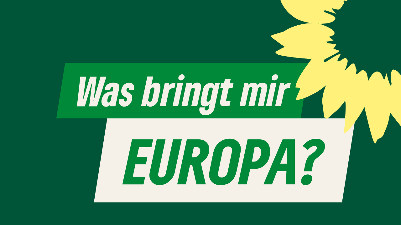 Text: "Was bringt mir EUROPA" und in der oberen linken Ecke die Sonnenblume der GRÜNEN